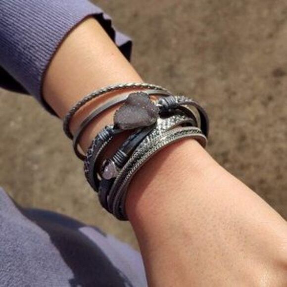 New  Boho Leather Druzy Stone Bracelet - Picture 3 of 4